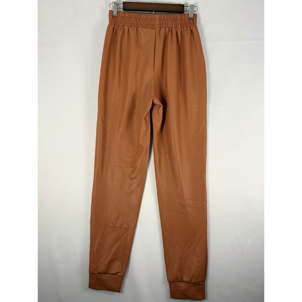 SY Fashion Women's L Faux Leather Jogger Pants Cognac Brown Stretch High Rise